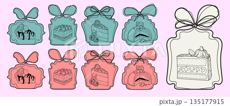 Hand drawn dessert. Bag for cake with bow. Tied handles. Cupcake or pie pieces inside packs. Takeaway food stickers. Delivery box. Sweet pastry with berries and chocolate glaze. Vector cafe labels set Hand drawn dessert. Bag for cake with bow. Tied handles. Cupcake or pie pieces inside packs. Takeaway food stickers. Delivery box. Sweet pastry with berries and chocolate glaze. Vector cafe labels set 135177915