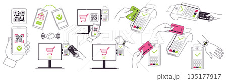 Contactless payment. Money transaction. Mobile bank. Credit card. Wireless finance transfer. Cashless POS terminal. Phone in hand QR code scanning. Cashier paying with smartwatch. Vector concepts set 135177917