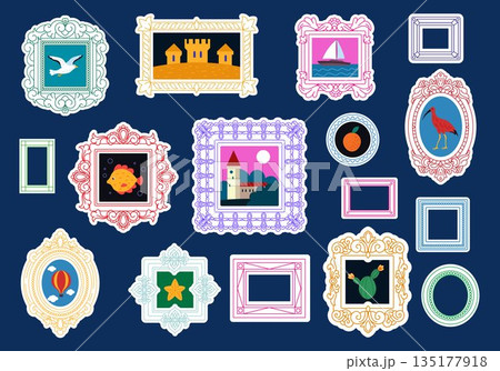 Picture frame. Old border. Retro frame for mirror. Frameworks for photography. Shape of floral pattern. Vintage photo decoration. Golden dividing line. Vector tidy doodle isolated illustration set 135177918