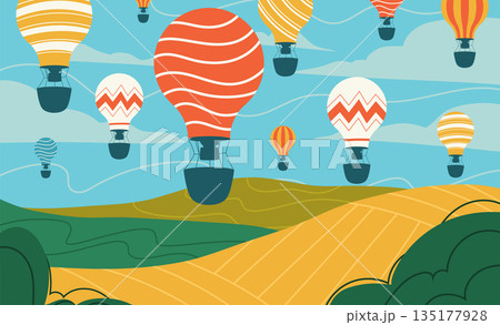 Balloon sky flight. Basket cloud journey. Character travel. Tour illustration. Mountain landscape adventure. Happy vacation outdoor leisure. Vector garish cartoon flat style isolated illustration 135177928