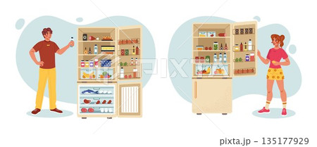 Character by refrigerator. Full fridge. Food temperature. Daily meal choice. Hungry person. Cartoon food, meal intake, groceries organized storage at home. Flat illustration vector tidy isolated scene Character by refrigerator. Full fridge. Food temperature. Daily meal choice. Hungry person. Cartoon food, meal intake, groceries organized storage at home. Flat illustration vector tidy isolated scene 135177929