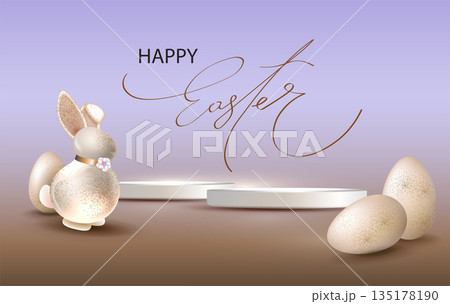 Happy Easter. Festive illustration with a podium, Easter eggs, and a bunny 135178190