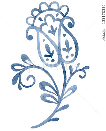 Folk floral ornament. Blue oriental style patterns, flowers, and paisley. Folk floral ornament. Blue oriental style patterns, flowers, and paisley. 135178339