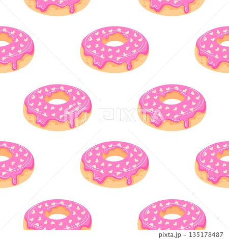 Pink frosted donut with heart shaped sprinkles seamless pattern in flat style. Wallpaper with dessert for Valentine Day, romantic holiday and sweet celebration. 135178487