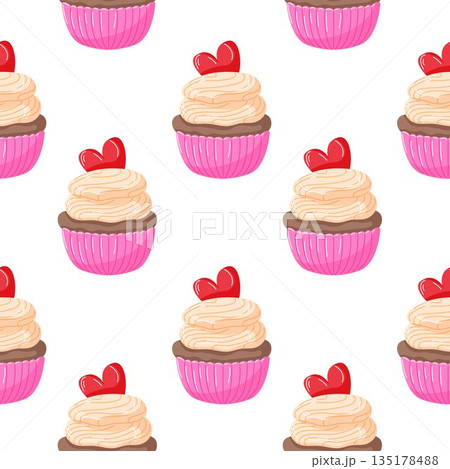 Seamless pattern with creamy frosting cupcake with red heart in flat style. Perfect for Valentine Day, bakery, dessert and celebration background. Seamless pattern with creamy frosting cupcake with red heart in flat style. Perfect for Valentine Day, bakery, dessert and celebration background. 135178488