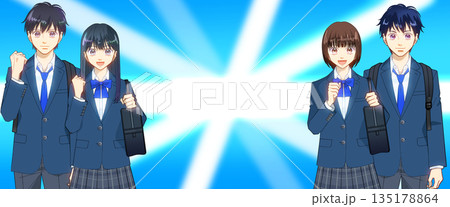 リュックとスクールバッグを持つ高校生または中学生の男女のアニメ風イラスト 135178864