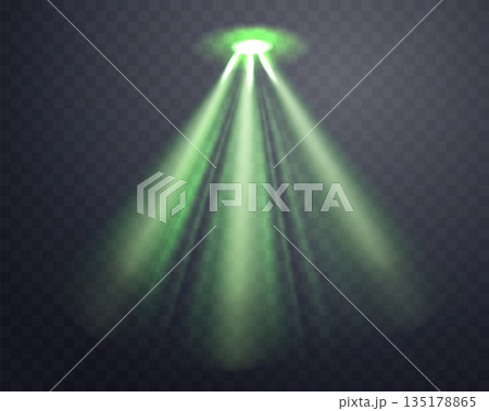 Green spotlight, Illuminated green stage, glow flare effect. Bright beams of spotlights, lamp, vertical rays on transparent background. Vector illustration. 135178865