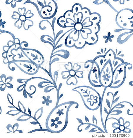 Seamless pattern with folk floral ornament. Blue oriental print, flowers, and paisley. 135178900