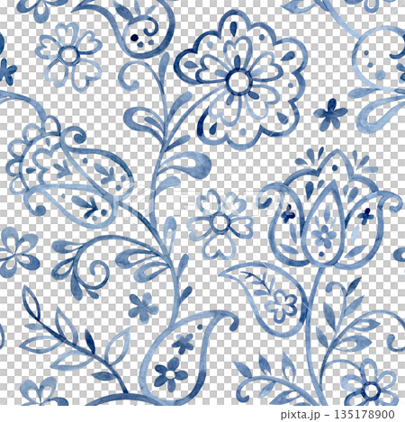 Seamless pattern with folk floral ornament. Blue oriental print, flowers, and paisley. 135178900