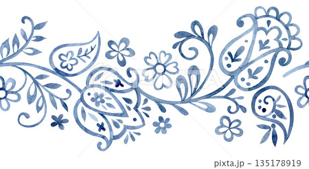 Seamless border with folk floral ornament. Blue oriental style frame, flowers, and paisley. 135178919