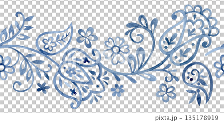 Seamless border with folk floral ornament. Blue oriental style frame, flowers, and paisley. 135178919