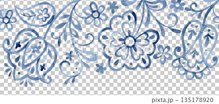 Seamless border with folk floral ornament. Blue oriental style frame, flowers, and paisley. 135178920
