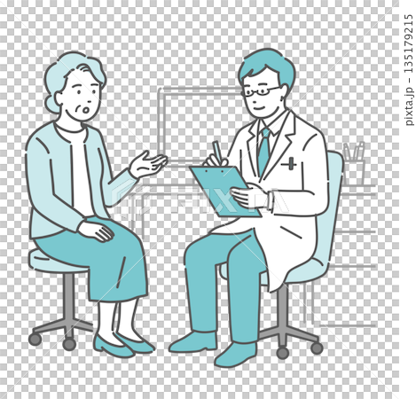 A male doctor and an elderly woman (white coat, glasses, medical worker) conducting a medical interview 135179215