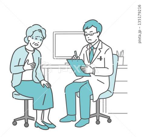 体調不良を訴える高齢女性と男性医師(白衣・救急・循環器) 体調不良を訴える高齢女性と男性医師(白衣・救急・循環器) 135179216