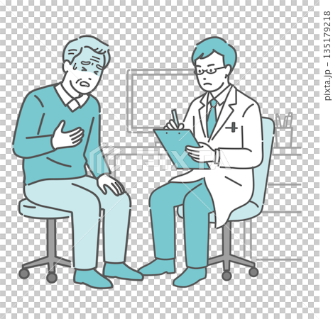 一位老年男子抱怨身體不適，一位男醫師（白大褂，急診科，心臟科） 135179218