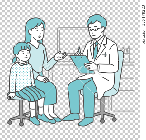 問診をする男性医師と親子（女の子・白衣・小児科） 135179223
