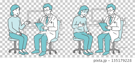 醫療問診及患病女病人場景（男醫生，白大褂） 135179228