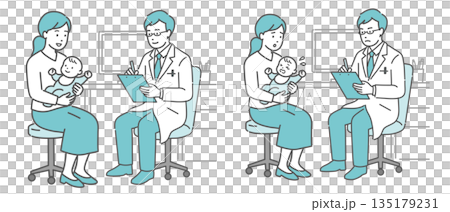 Medical interview and sick baby and mother set (male doctor in white coat) 135179231