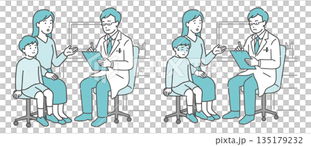 Medical interview and unwell boy and mother set (male doctor, white coat) 135179232