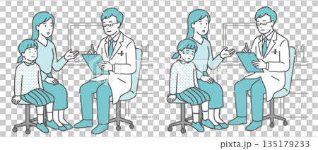 醫療問診及患病女孩及母親場景(男醫生,白大褂) 醫療問診及患病女孩及母親場景(男醫生,白大褂) 135179233