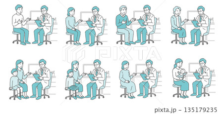 問診をする男性医師と様々な患者セット（白衣・全世代・医療従事者） 135179235