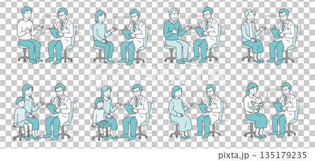 問診をする男性医師と様々な患者セット（白衣・全世代・医療従事者） 135179235