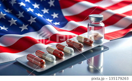 American Flag Backdrop With Medication Pills And Capsule Bottle On Reflective Glass Surface. 135179263