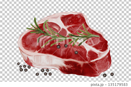 Fresh meat watercolor watercolor illustration. Food clip art. Hand-drawn organic cow meat with black pepper and rosemary on a white background. Perfect for cookbook design, restaurant menus, and Fresh meat watercolor watercolor illustration. Food clip art. Hand-drawn organic cow meat with black pepper and rosemary on a white background. Perfect for cookbook design, restaurant menus, and 135179583