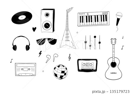 Music retro doodle set punk rock grunge design elements. Vintage sound vinyl, player, cassette tape, instruments, disco and rock. Music retro doodle set punk rock grunge design elements. Vintage sound vinyl, player, cassette tape, instruments, disco and rock. 135179723