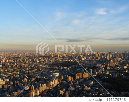 池袋から見た夕日に照らされる文京区巣鴨・台東区上野とスカイツリー方面の景色 池袋から見た夕日に照らされる文京区巣鴨・台東区上野とスカイツリー方面の景色 135179748