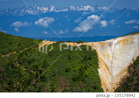 八ヶ岳連峰・硫黄岳稜線から見る赤岩ノ頭と残雪の槍・穂高連峰 八ヶ岳連峰・硫黄岳稜線から見る赤岩ノ頭と残雪の槍・穂高連峰 135179942