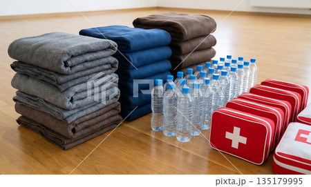 避難所に備えられた毛布と飲料水と救急用品の防災備蓄 避難所に備えられた毛布と飲料水と救急用品の防災備蓄 135179995