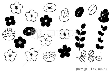 手描き風の花と葉のシンプル植物装飾素材 手描き風の花と葉のシンプル植物装飾素材 135180235