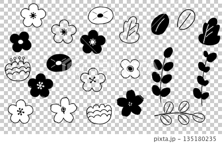 手描き風の花と葉のシンプル植物装飾素材 手描き風の花と葉のシンプル植物装飾素材 135180235