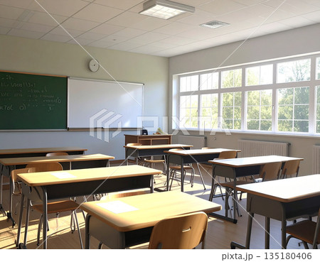 放課後のノスタルジーな教室に黄金色の夕陽が机に影を落とす静かな無人の風景 135180406