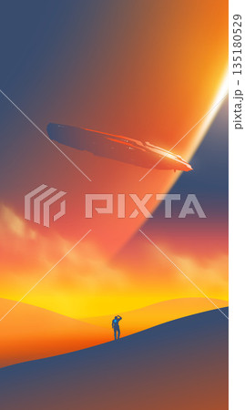 Vector illustration of a futuristic spaceship hovering over a desert landscape with an astronaut silhouette at sunset 135180529