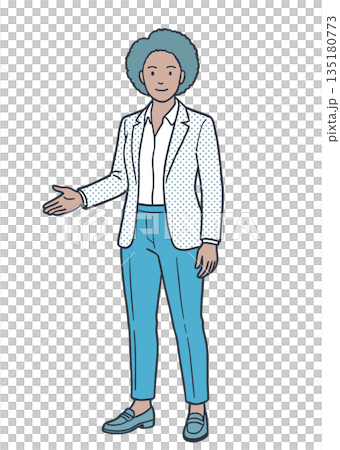 一位女性商務人士擺出講解姿勢，全身插畫（多元化） 135180773