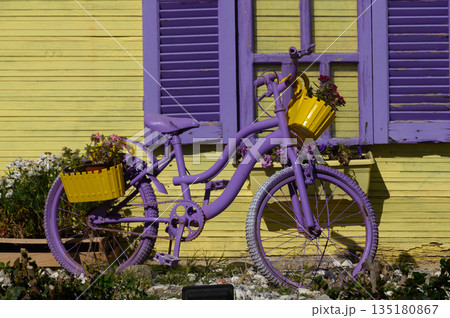 Colorful bicycle adorned with flowers brightens up a cheerful yellow building on a sunny day in a vibrant neighborhood 135180867