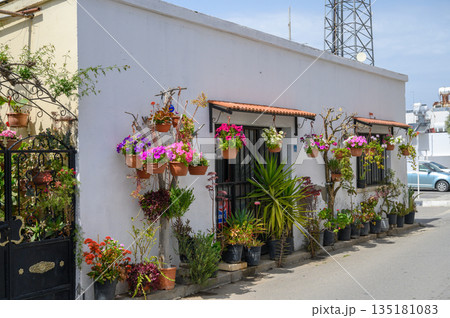 Vibrant flowers adorn a white building on a sunny day near a coastal town Vibrant flowers adorn a white building on a sunny day near a coastal town 135181083