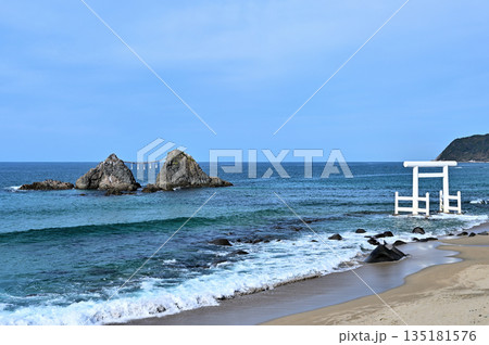 糸島・桜井二見ヶ浦の白い鳥居と夫婦岩が並ぶ初夏の絶景 135181576