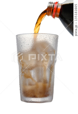 Dynamic Coca-Cola Pour from Bottle to Ice Glass on White 135181605