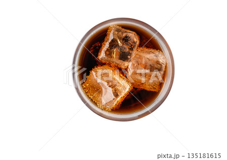 Coca-Cola with Ice Glass Top View on Clean White 135181615