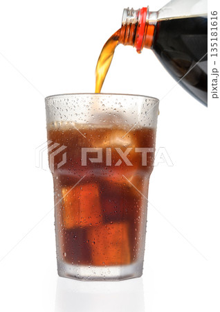 Coca-Cola Bottle Pouring into Iced Glass on White Background 135181616