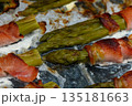 Savory asparagus wrapped in crispy bacon enhances gourmet dining experience at sunset gathering 135181663