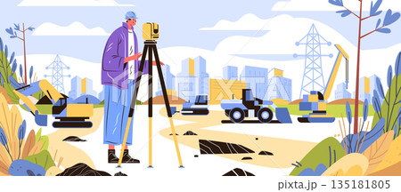 Surveyor construction site worker measuring land with equipment surrounded by excavators city buildings cranes power lines nature background web banner Surveyor construction site worker measuring land with equipment surrounded by excavators city buildings cranes power lines nature background web banner 135181805