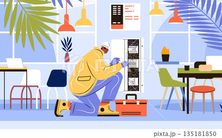 Electrician working electrical panel modern office tools plants colorful interior workspace safety helmet toolbox 135181850