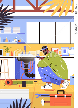 Plumber fixing kitchen sink pipes modern workspace tools plants interior colorful flat design home repair service concept Plumber fixing kitchen sink pipes modern workspace tools plants interior colorful flat design home repair service concept 135181877