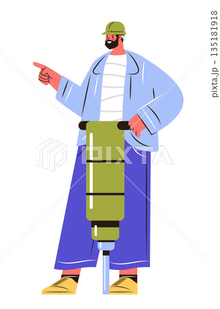 Construction worker operating jackhammer safety helmet modern uniform isolated white background flat colorful style Construction worker operating jackhammer safety helmet modern uniform isolated white background flat colorful style 135181918
