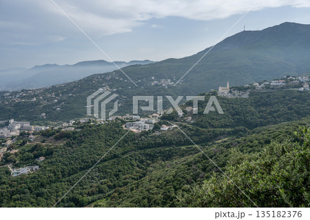 Aerial view Mountain Viewpoint of Bastia in the north of Corsica island - Genoese city overlooking the Mediterranean Sea Aerial view Mountain Viewpoint of Bastia in the north of Corsica island - Genoese city overlooking the Mediterranean Sea 135182376
