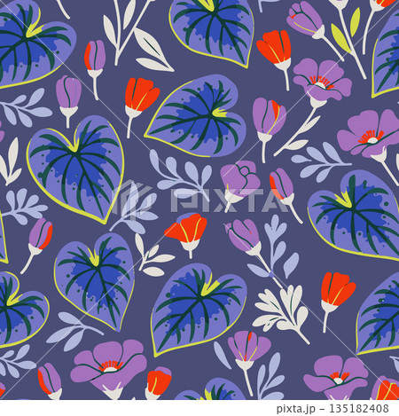 Hand drawn botanical print featuring purple caladium foliage and orange poppies for textile design and gift wrap. Hand drawn botanical print featuring purple caladium foliage and orange poppies for textile design and gift wrap. 135182408
